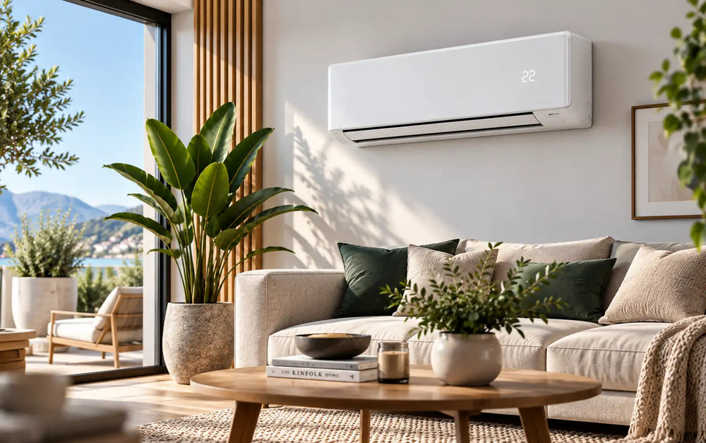 Bijeli pravokutni zidni klima-uređaj s prikazom temperature ’22’’.