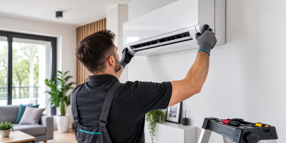 Bijeli zidni klima-uređaj s minimalističkim dizajnom i elegantnim horizontalnim ventilacijskim otvorima.