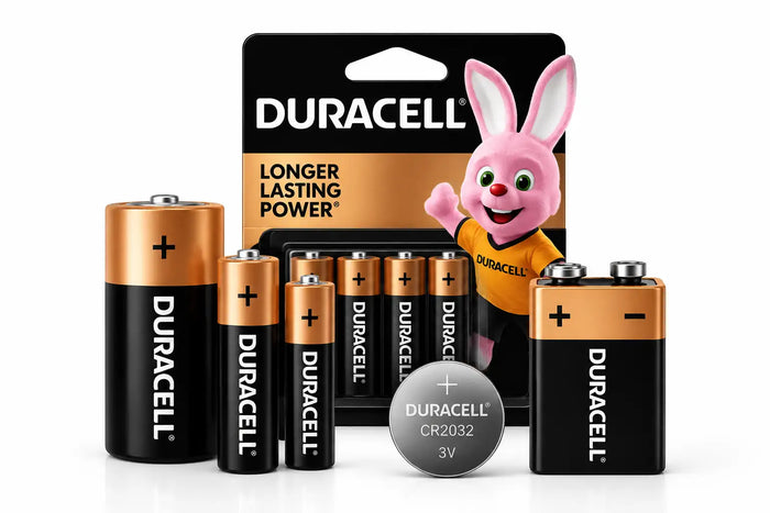 Duracell baterije marke u različitim veličinama i tipovima, uključujući veliku cilindričnu AA bateriju s crnim kućištem i vrhom bakrene boje.