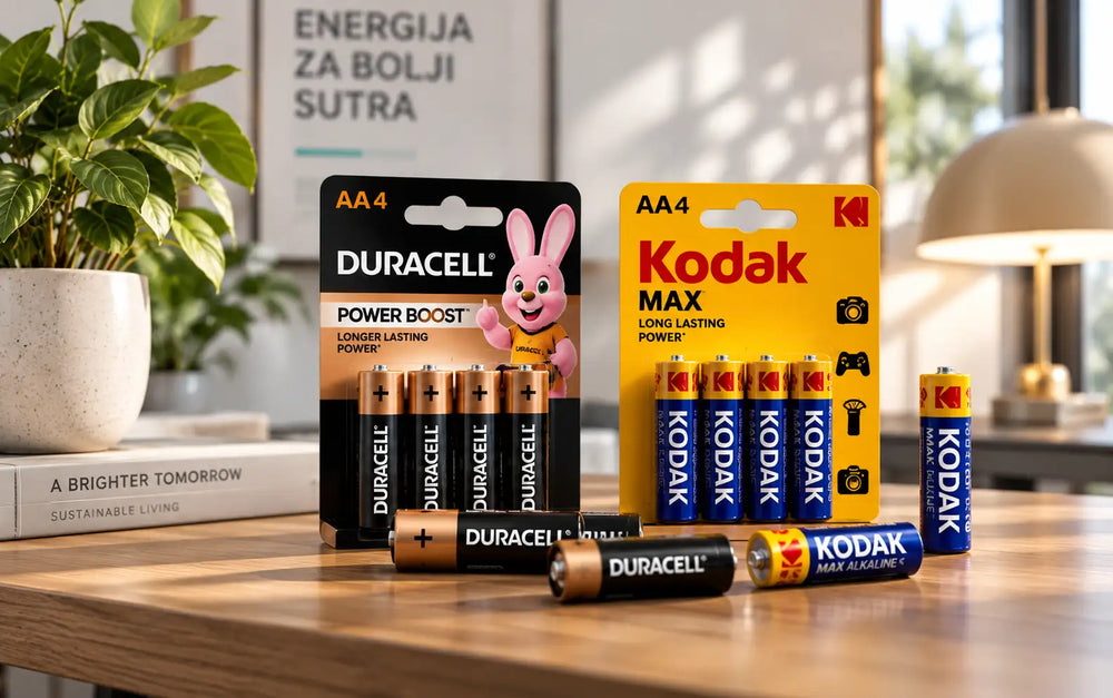 Duracell power boost i Kodak Max AA baterije u njihovom maloprodajnom pakiranju, s brendiranim dizajnom i crtanim likovima na blister pakiranjima u crnoj i žutoj boji.