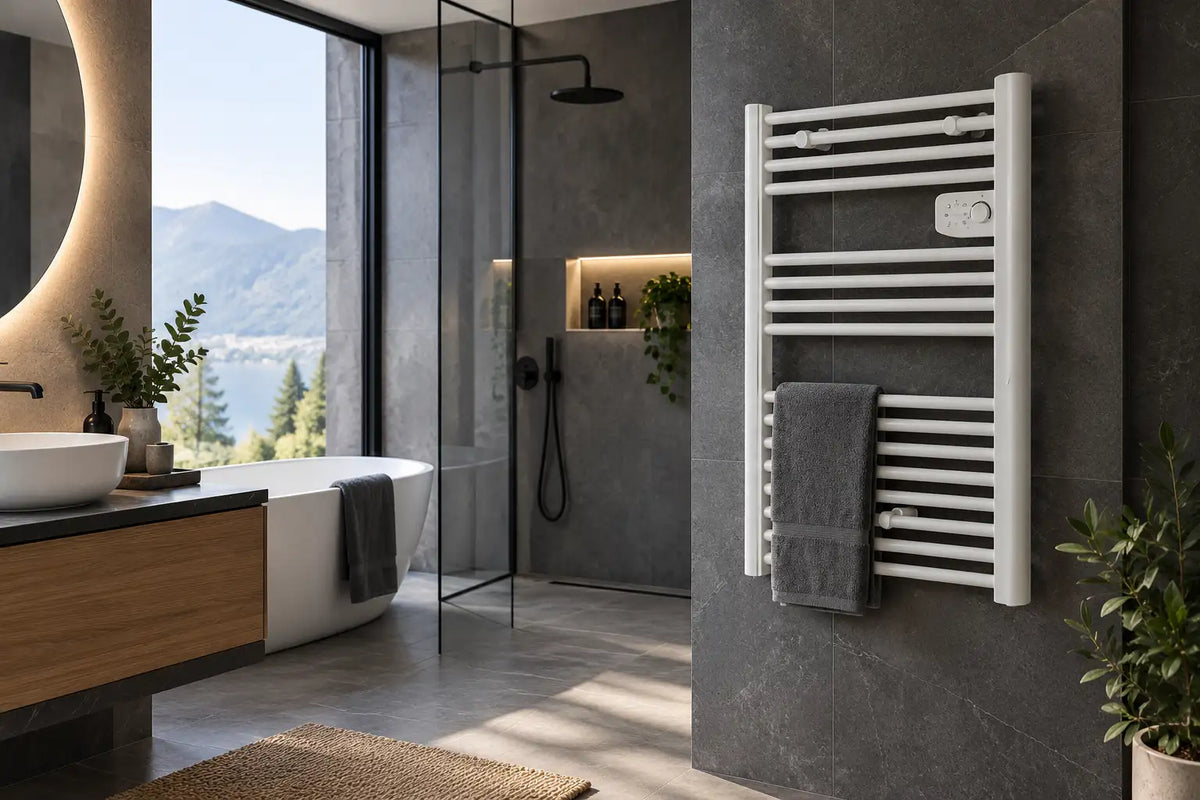 Grijana nosač ručnika bijele boje s elegantnim modernim dizajnom i okomitim letvicama.