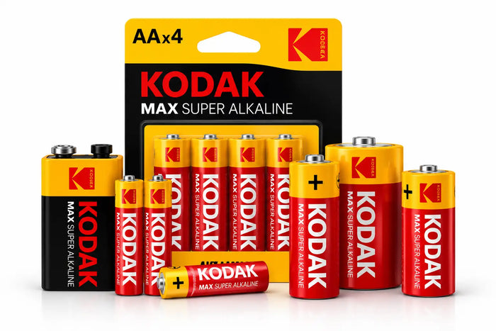 Kodak max super alkalne AA baterije u crveno-žutom pakiranju.